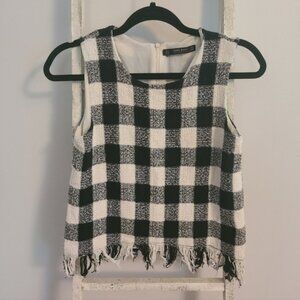 Zara top womens small black white tweed fringe checkered plaid sleeveless